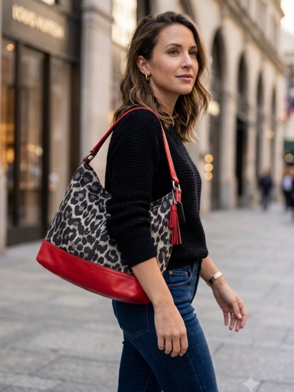 Coach Leopard Print Canvas Shoulder Bag with Red Leather Trim